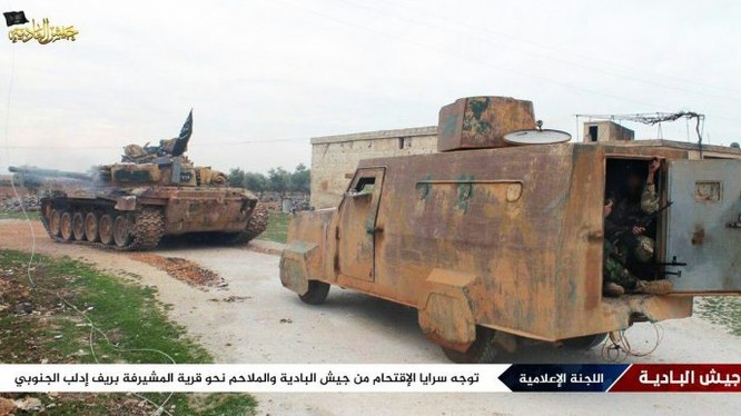 Xe tăng và xe cơ giới bọc thép của phiến quân tràn về phía nam tỉnh Idlib, quyết tử chiến với quân đội Syria - ảnh minh họa Masdar News