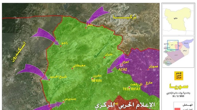 Các mũi tiến công của Thổ Nhĩ Kỳ vào Afrin - ảnh Hezbollah