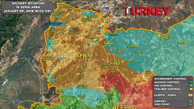 Tình hình chiến sự khu vực Afrin, vùng xanh là khu vực đã bị lực lượng Hồi giáo cực đoan FSA tấn chiếm - ảnh Soth Front