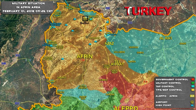 Chiến trường Afrin tính đến ngày 01.02.2018 theo South Front