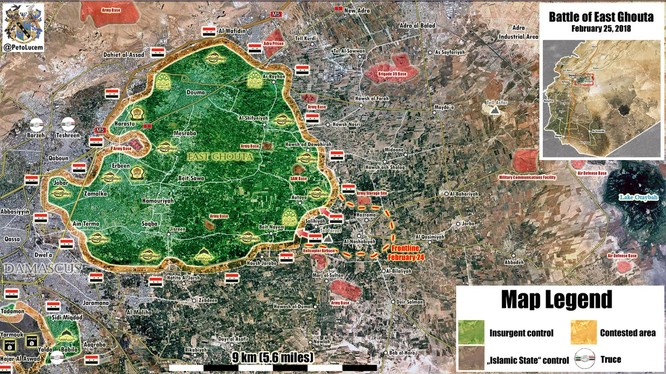 Bản đồ tình hình chiến sự Đông Ghouta tính đến ngày 25.02.2018 theo South Front