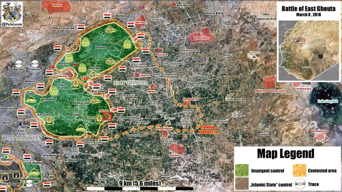 Các đơn vị quân đội Syria sẵn sàng chia cắt khu vực Đông Ghouta thành 2 vùng chiến sự bị bao vây. Ảnh Masdar News