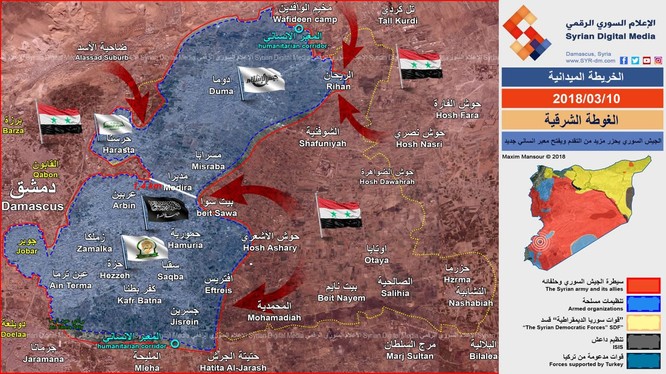 Các mũi tiến công của quân đội Syria trên chiến trường Đông Ghouta - ảnh Syrian Digital Media
