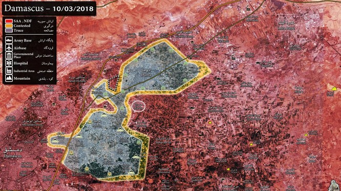 Bản đồ chiến sự khu vực Đông Ghouta, quân đội Syria giải phóng Misraba, chia cắt thành 2 vùng chiến tuyến - ảnh South Front