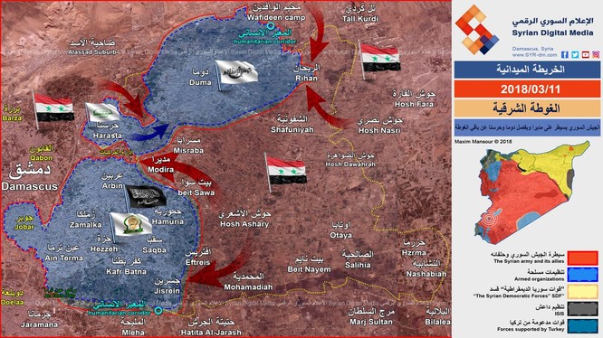 Các mũi tiến công của quân đội Syria ngày 11.03.2018, bao vây chia cắt Đông Ghouta. ảnh Syrian Digital Media