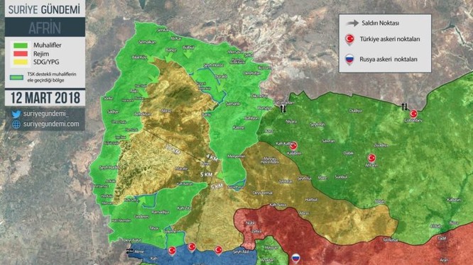 Tình hình chiến sự khu vực Afrin, quân đội Thổ Nhĩ Kỳ còn 5 km trước khi phong tỏa hoàn toàn thành phố Afrin. Ảnh South Front