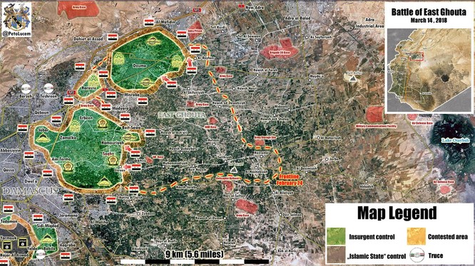 Các mũi tiến công của quân đội Syria trên chiến trường Đông Ghouta. Ảnh Masdar News