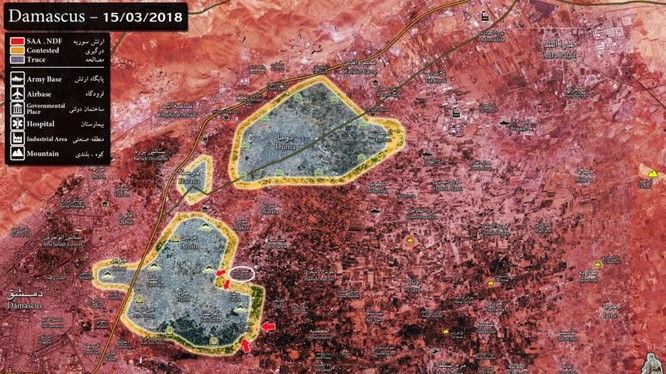 Bản đồ tình hình chiến sự Đông Ghouta ngày 15.03.2-18, quân đội Syria bẻ gãy các cuộc tấn công của HTS. Ảnh minh họa Masdar News