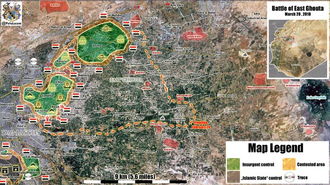 Bản đồ tình hình chiến sự Đông Ghouat, quân đội Syria tập trung giải quyết các địa bang trọng diểm Ayn Tarma, Jobar và Harasta