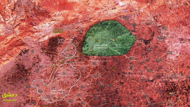 Bản đồ tình hình chiến sự Đông Ghouta, gần như đã hoàn toàn giải phóng, chỉ còn thị trấn thành phố Đông Ghouta
