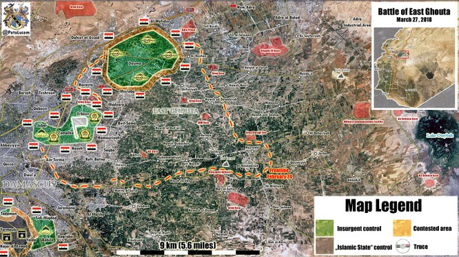 Bản đồ tình hình chiến sự Đông Ghouta tính đến ngày 27.03.2018 theo Soouth Front