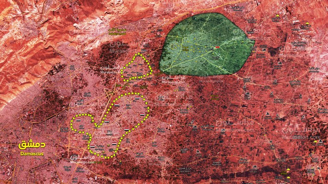 Bản đồ chiến sự Đông Ghouta tính đến ngày 31.03.2018 theo Muraselon