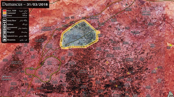 Tình hình chiến sự khu vực Đong Ghouta tính đến cuối ngày 31.03.2018 theo Sout Front
