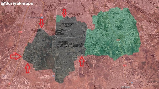 Các mũi tiến công của quân đội Syria vào khu vực trại Yarmouk. Anh South Front