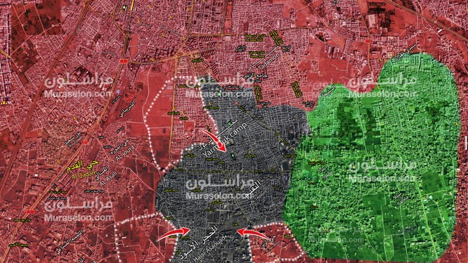 Những hướng tấn công chính trên khu vực Yarmouk, phía nam thành phố thủ đô Damascus. Ảnh Muraselon