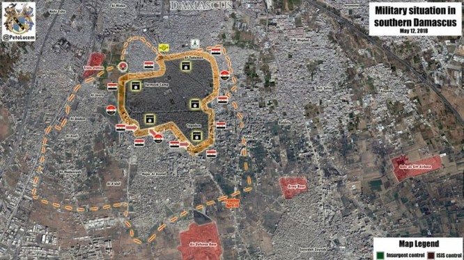 Bản đồ khu vực Nam Yarmouk tính đến ngày 12.05.2018 theo South Front