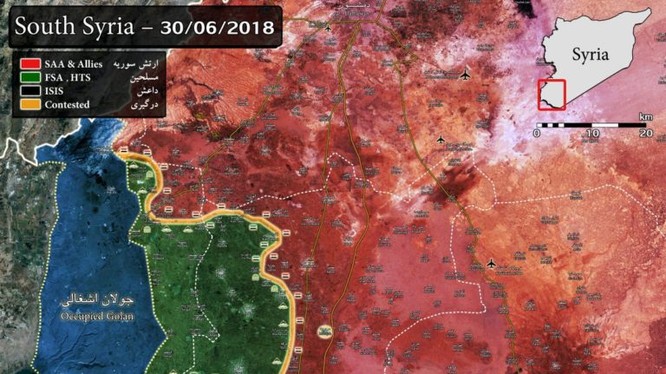 Toàn cảnh chiến trường Daraa tính đến ngày 30.06.2018 theo South Front