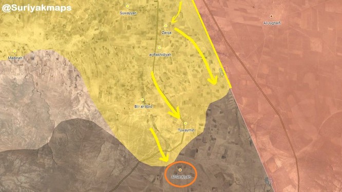 Bản đồ các hướng tấn công chính của lực lượng SDF trên chiến trường phía nam Syria. Ảnh South Front