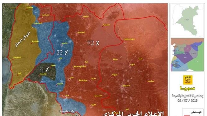 Tỉnh hình chiến sự khu vực Daraa tính đến ngày 07.07.2018. Ảnh truyền thông Hezbollah