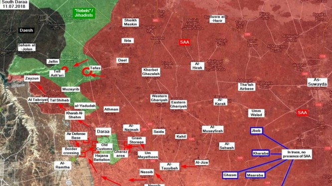 Chiến trường thành phố Daraa tính đễn ngayf 12.07.2018 theo Masdar News