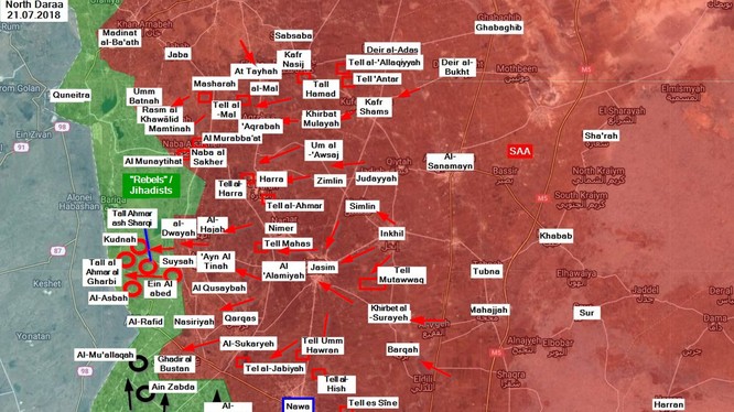 Các mũi tiến công của quân đội Syria và IS trên chiến trường tỉnh Al-Quneitra. Ảnh South Front