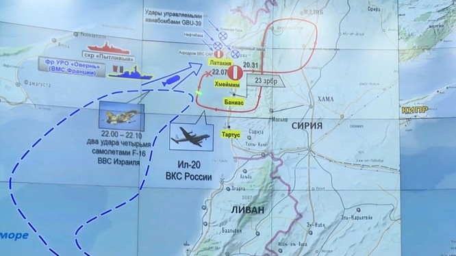 Bản đồ tình huống không kích của tốp máy bay Israel. Ảnh Bộ Quốc phòng Nga.