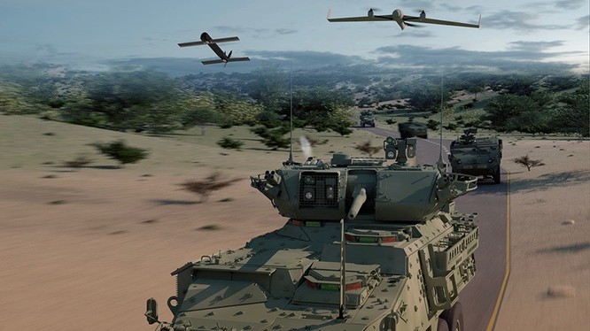 Xe thiết giáp Stryker của tập đoàn General Dynamics, phối kết hợp với drone trinh sát và tên lửa hành trình tự sát. Ảnh minh họa: Popular Mechanic.