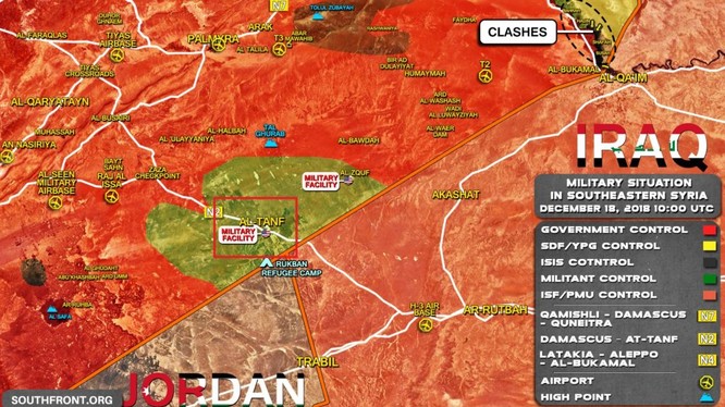 Bản đồ căn cứ quân sự al-Tanf, khống chế vùng biên giới Iraq - Syria của quân đội Mỹ. Ảnh minh họa: South Front.