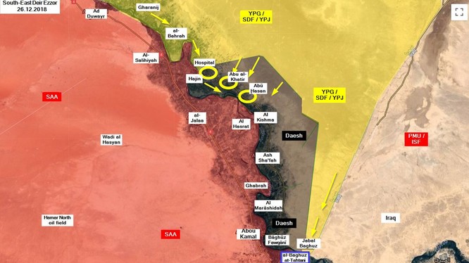 Các mũi tấn công của lực lượng dân quân SDF trên chiến trường thung lũng Euphrates. Ảnh minh họa: South Front.