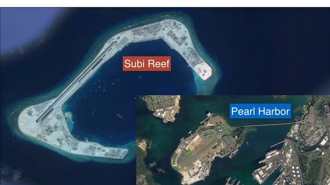 Đá Subi ở quần đảo Trường Sa đã bị Trung Quốc bồi lấp trái phép, xây dựng đường băng, nhà chứa máy bay và các công trình kiên cố
