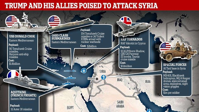 Lược đồ đợt không kích ồ ạt của liên quân Mỹ-Anh-Pháp vào Syria sáng 14/4 vừa qua