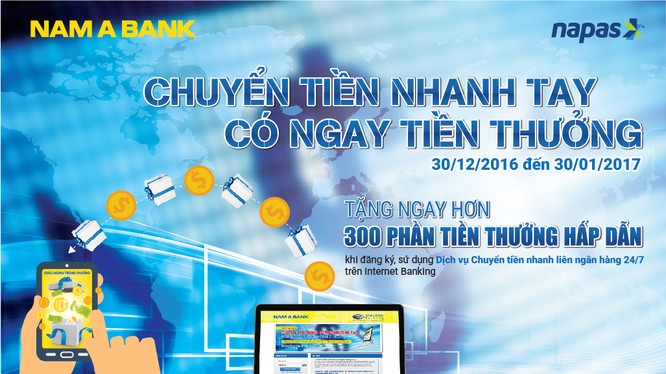 Từ ngày 30/12/2016 đến ngày 30/01/2017, Nam A Bank triển khai chương trình “Chuyển tiền nhanh tay – Có ngay tiền thưởng”.