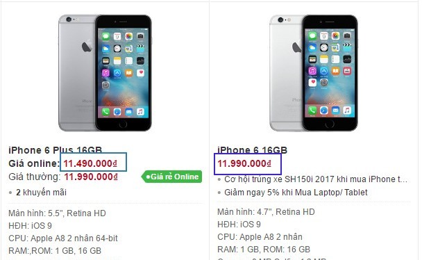 Giá bán iPhone 6 Plus đang thấp hơn cả iPhone 6. Ảnh chụp màn hình.