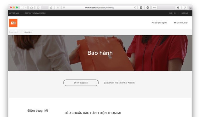 Website về quy định bảo hành của Xiaomi tại Việt Nam