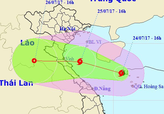 Dự kiến bão số 4 sẽ độ bộ vào các tỉnh Nghệ An - Quảng Bình. Ảnh: NCHMF. 