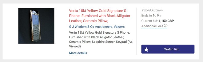 Điện thoại giá gần 20.000 USD của Vertu hiện được bán đấu giá ở mức 1.500 USD. Ảnh:TNW.