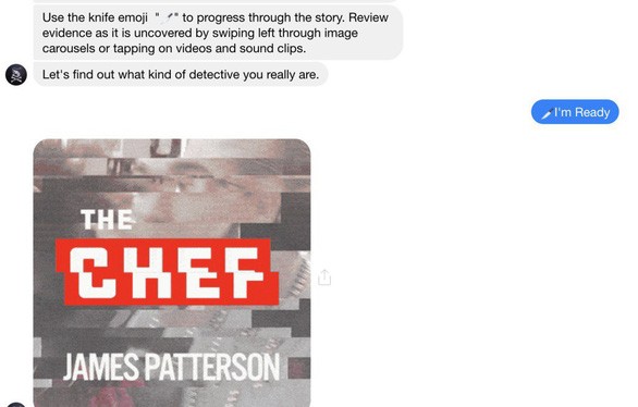 Quảng bá về cuốn thiểu thuyết "The Chef" của James Patterson trên Facebook Messenger - Ảnh: TECHCRUNCH