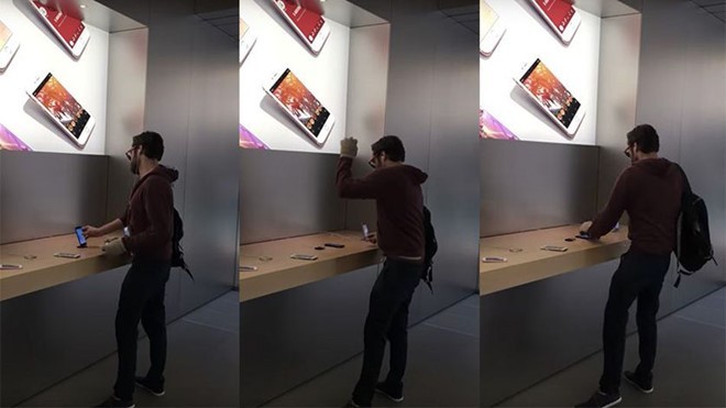 Người đàn ông ở Pháp đập nát hàng loạt iPhone ở Apple Store Pháp.