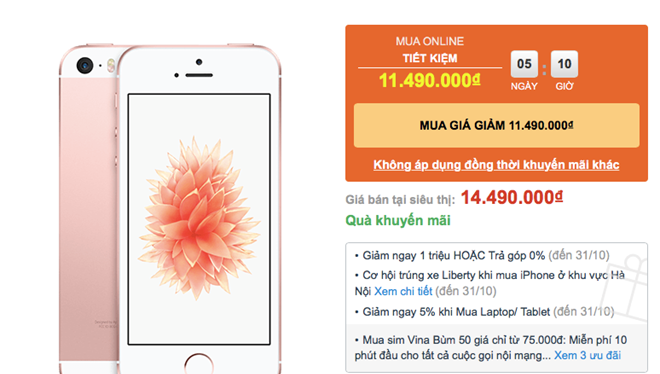 iPhone SE 64 GB giảm giá còn 11,49 triệu đồng khi người dùng mua online. Ảnh chụp màn hình.