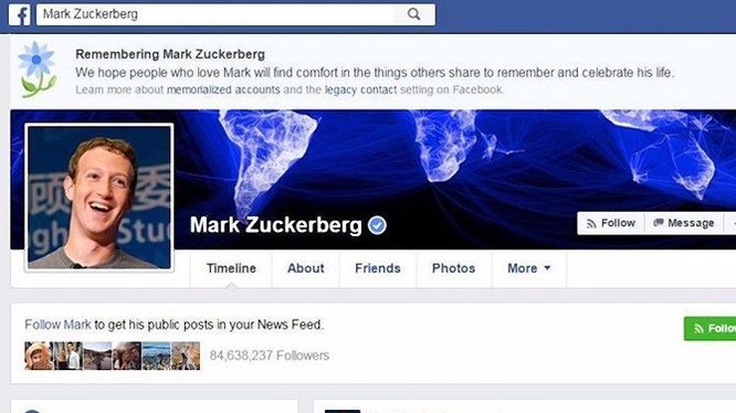 Dòng thông báo "báo tử" trên trang cá nhân của Mark Zuckerberg vào sáng nay.