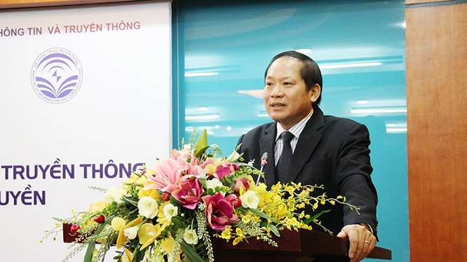 Bộ trưởng Trương Minh Tuấn phát biểu tại Lễ ký kết Biên bản thỏa thuận hợp tác giữa Bộ TT&TT và Học viện Báo chí và Tuyên truyền.