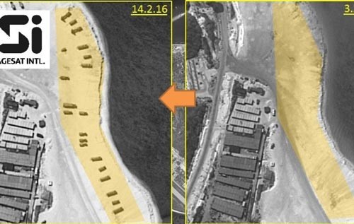 Ảnh vệ tinh cho thấy tên lửa trên bờ biển đảo Phú Lâm hôm 14-2 (trái) trong khi ngày 3-2 chưa có gì. Ảnh: IMAGESAT INTERNATIONAL