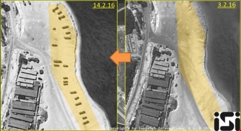 Hình ảnh vệ tinh chụp đảo Phú Lâm trong ngày 3-2 (phải) và ngày 14-2. Ảnh: REUTERS