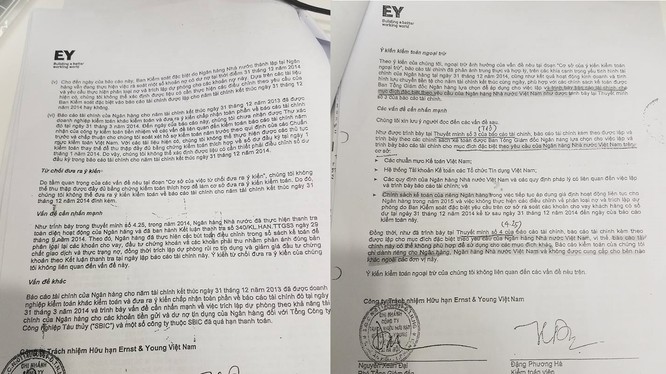 2 báo cáo kiểm toán độc lập “cùng ngày, cùng số, khác nội dung” mà luật sư Nguyễn Huy Thiệp đã nêu. (Ảnh: N.G)
