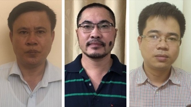 Bị can Nguyễn Xuân Thủy (trái), Khương Anh Tuấn (giữa), Hoàng Đình Tâm bị khởi tố và bắt tạm giam.