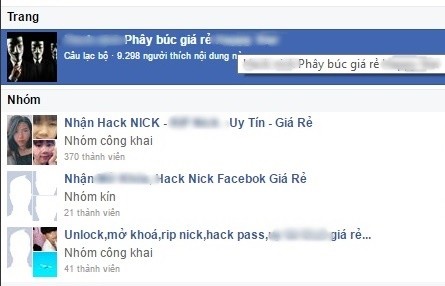 Hàng loạt nhóm Facebook nhận làm dịch vụ hack nick đang nhởn nhơ hoạt động. Ảnh chụp màn hình.