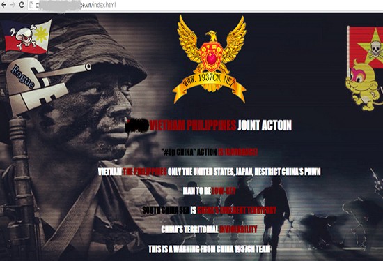 Giao diện của một website bị nhóm 1937cn tấn công cuối tháng 5/2015 với thông điệp liên quan đến xung đột trên Biển Đông giữa Trung Quốc và các nước ASEAN như Việt Nam, Philippines... (Nguổn ảnh: Whitehat.vn) 
