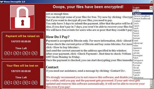 Cửa sổ hiện ra yêu cầu nạn nhân trả tiền chuộc dữ liệu bằng bitcoin.