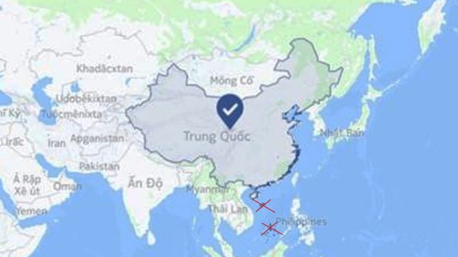 Ảnh chụp màn hình bản đồ của Facebook xác định cả Hoàng Sa, Trường Sa khi chọn vị trí "Trung Quốc" (ảnh chụp ngày 1/7/2018).
