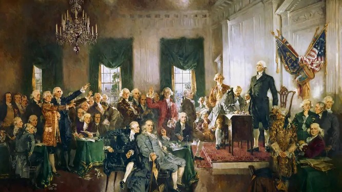 Bức tranh “Cảnh tại lễ ký Hiến pháp nước Mỹ” của Howard Chandler Christy (Ảnh: Washington Post)